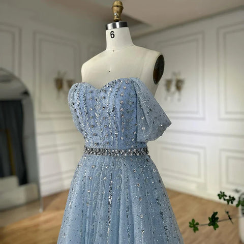 Blue A Line Beaded Backless Evening Dress Gown LA72834