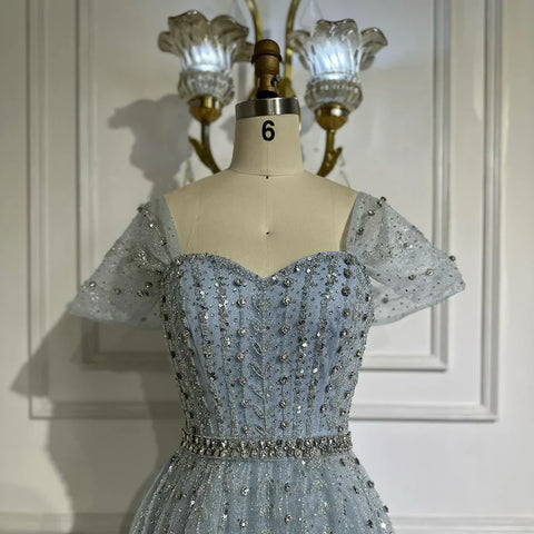 Blue A Line Beaded Backless Evening Dress Gown LA72834