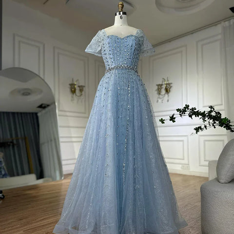 Blue A Line Beaded Backless Evening Dress Gown LA72834