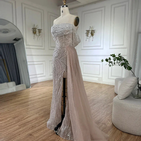 White Arabic Nude Beaded High Split Mermaid Evening Dresses Gowns For Women Wedding Party LA72266B