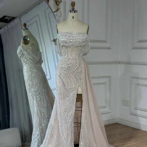 White Arabic Nude Beaded High Split Mermaid Evening Dresses Gowns For Women Wedding Party LA72266B