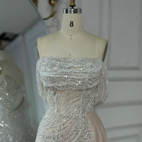 White Arabic Nude Beaded High Split Mermaid Evening Dresses Gowns For Women Wedding Party LA72266B