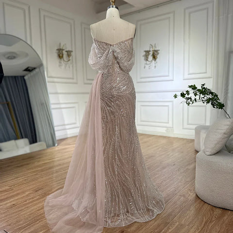 White Arabic Nude Beaded High Split Mermaid Evening Dresses Gowns For Women Wedding Party LA72266B
