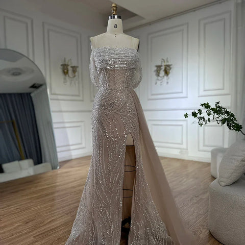 White Arabic Nude Beaded High Split Mermaid Evening Dresses Gowns For Women Wedding Party LA72266B