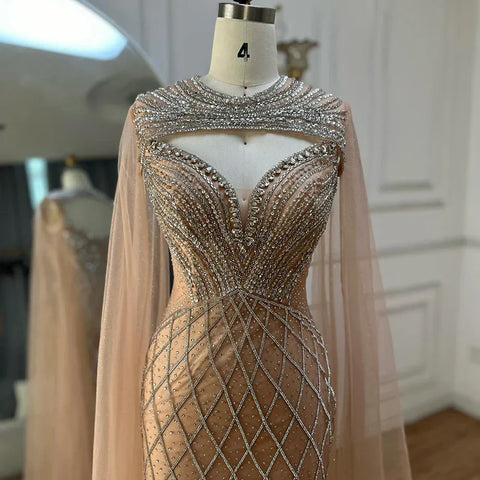 Nude Arabic Beaded Evening Dress Gown with Cape Sleeves LA72814