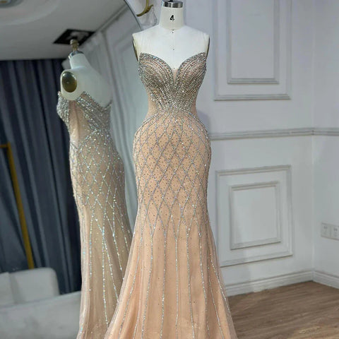 Nude Arabic Beaded Evening Dress Gown with Cape Sleeves LA72814