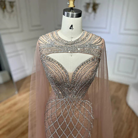Nude Arabic Beaded Evening Dress Gown with Cape Sleeves LA72814