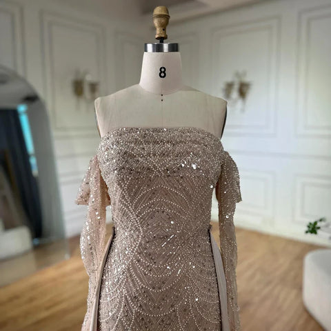 2025 Arabic Nude Luxury Pearls Beaded Mermaid Evening Gown with Overskirt for Formal Occasion LA72160B