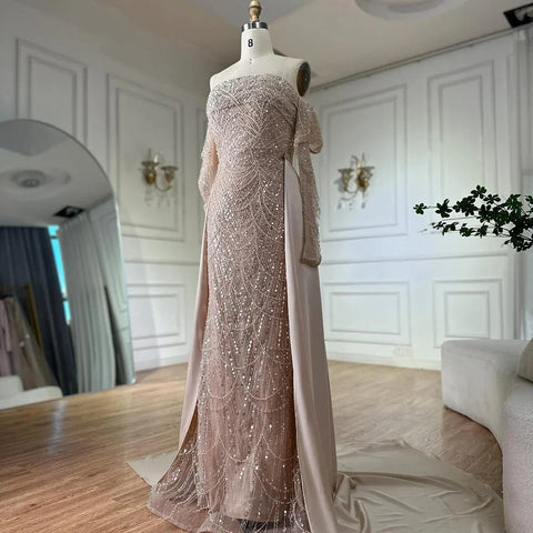 2025 Arabic Nude Luxury Pearls Beaded Mermaid Evening Gown with Overskirt for Formal Occasion LA72160B
