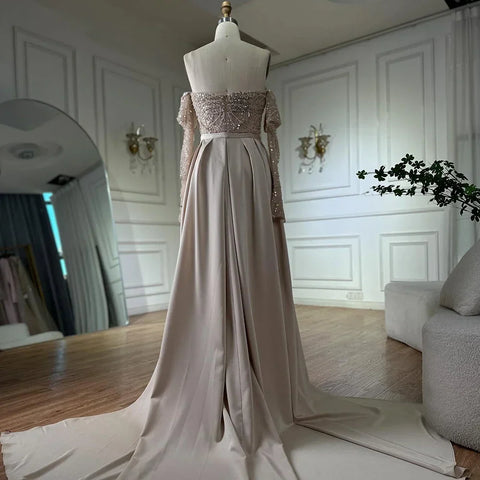 2025 Arabic Nude Luxury Pearls Beaded Mermaid Evening Gown with Overskirt for Formal Occasion LA72160B