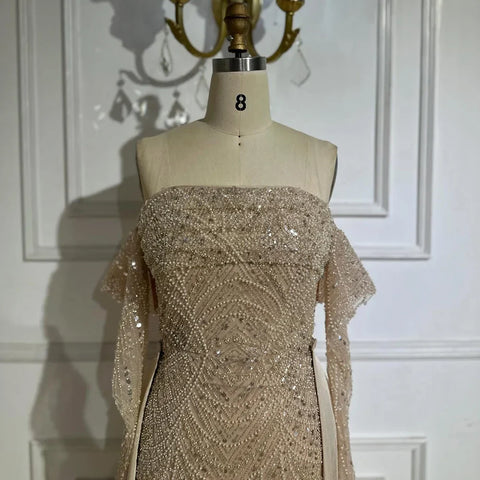 2025 Arabic Nude Luxury Pearls Beaded Mermaid Evening Gown with Overskirt for Formal Occasion LA72160B