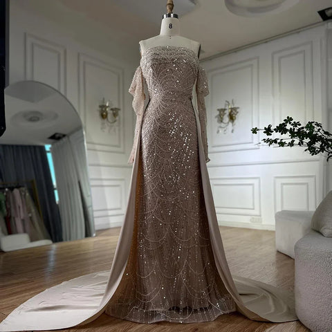 2025 Arabic Nude Luxury Pearls Beaded Mermaid Evening Gown with Overskirt for Formal Occasion LA72160B