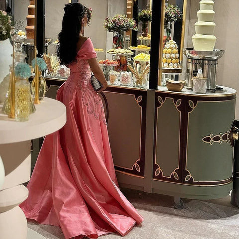 2025 Arabic Pink A Line Satin Beaded Saudi Evening Dresses Gowns for Formal Occasion LA72195A