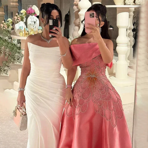2025 Arabic Pink A Line Satin Beaded Saudi Evening Dresses Gowns for Formal Occasion LA72195A