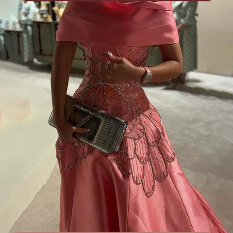2025 Arabic Pink A Line Satin Beaded Saudi Evening Dresses Gowns for Formal Occasion LA72195A