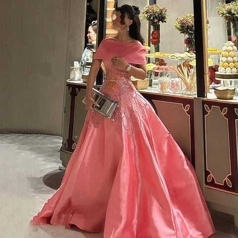 2025 Arabic Pink A Line Satin Beaded Saudi Evening Dresses Gowns for Formal Occasion LA72195A