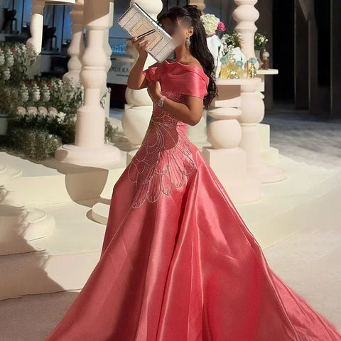 2025 Arabic Pink A Line Satin Beaded Saudi Evening Dresses Gowns for Formal Occasion LA72195A