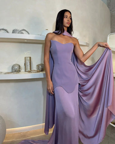 2025 Arabic Purple Mermaid Satin Evening Dresses Gowns with Long Cape for Formal Occasion LA72813
