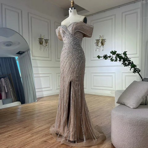 2025 Arabic Silver Nude Mermaid Beaded  Evening Dress with Split for Formal Occasion Saudi LA72481A