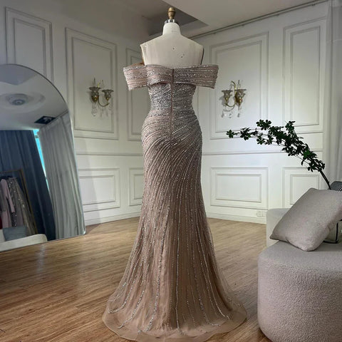 2025 Arabic Silver Nude Mermaid Beaded  Evening Dress with Split for Formal Occasion Saudi LA72481A