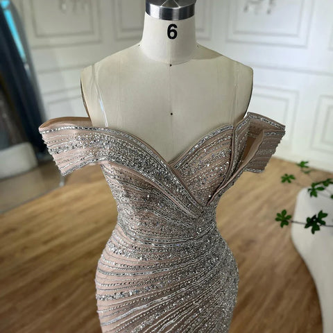 2025 Arabic Silver Nude Mermaid Beaded  Evening Dress with Split for Formal Occasion Saudi LA72481A