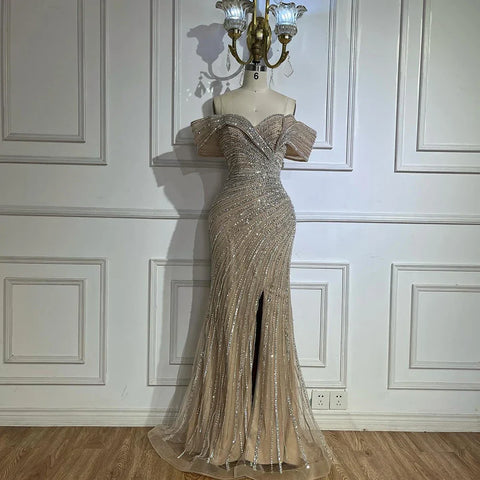 2025 Arabic Silver Nude Mermaid Beaded  Evening Dress with Split for Formal Occasion Saudi LA72481A