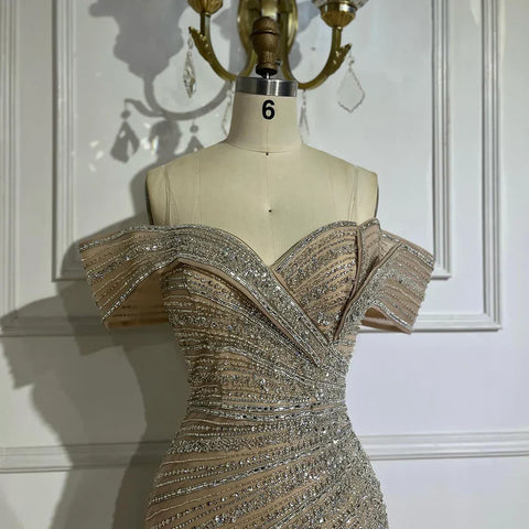 2025 Arabic Silver Nude Mermaid Beaded  Evening Dress with Split for Formal Occasion Saudi LA72481A