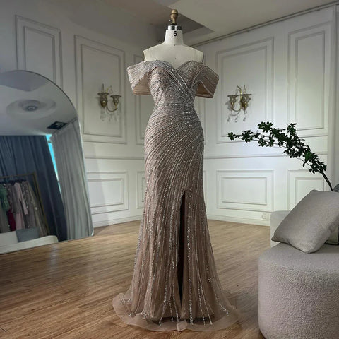2025 Arabic Silver Nude Mermaid Beaded  Evening Dress with Split for Formal Occasion Saudi LA72481A