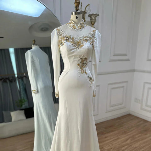 2025 Arabic White Beaded Satin Saudi Mermaid Evening Dresses Gowns for Formal Occasion LA72815