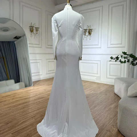 2025 Arabic White Beaded Satin Saudi Mermaid Evening Dresses Gowns for Formal Occasion LA72815