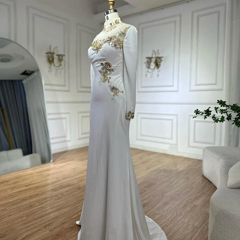 2025 Arabic White Beaded Satin Saudi Mermaid Evening Dresses Gowns for Formal Occasion LA72815