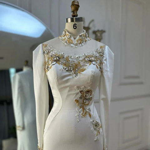 2025 Arabic White Beaded Satin Saudi Mermaid Evening Dresses Gowns for Formal Occasion LA72815