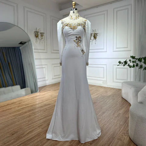 2025 Arabic White Beaded Satin Saudi Mermaid Evening Dresses Gowns for Formal Occasion LA72815