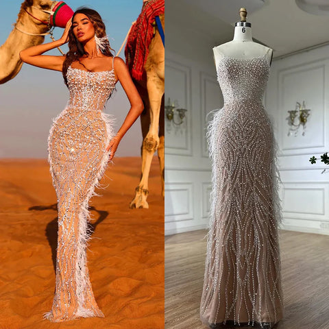 2025 Arabic White Nude Spaghetti Strap Feathers Beaded Mermaid Evening Gown for Formal Occasion LA72823