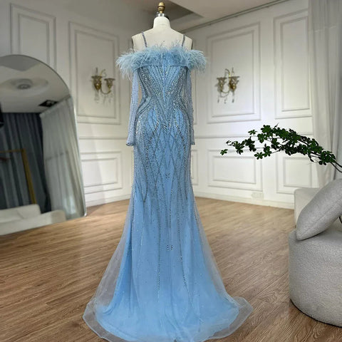 2025 Blue Feather Beaded Luxury Mermaid Evening Dresses Gowns for Women Formal Occasion LA72836