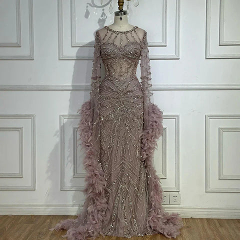 Luxury Mermaid Evening Dress with Feather Cape Sleeves LA72708A