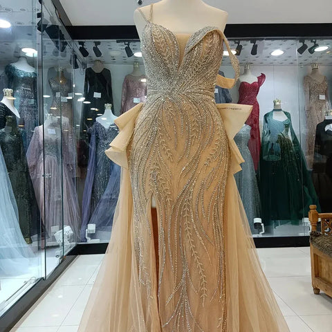 2025 Caramel Beaded Mermaid Evening Gown with Overskirt and Elegant Split for Formal Occasion LA72890