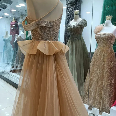 2025 Caramel Beaded Mermaid Evening Gown with Overskirt and Elegant Split for Formal Occasion LA72890