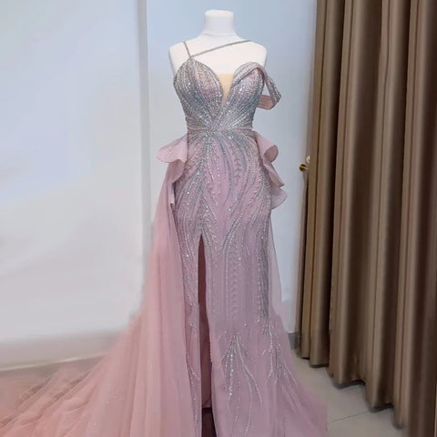 2025 Caramel Beaded Mermaid Evening Gown with Overskirt and Elegant Split for Formal Occasion LA72890