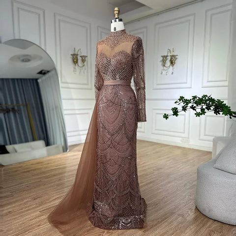 2025 Caramel Mermaid Beaded Arabic Evening Dresses Gowns with Side Overskirt for Formal Occasion LA71913A