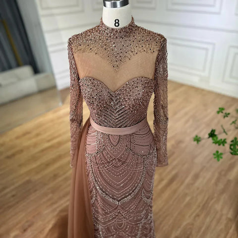 2025 Caramel Mermaid Beaded Arabic Evening Dresses Gowns with Side Overskirt for Formal Occasion LA71913A