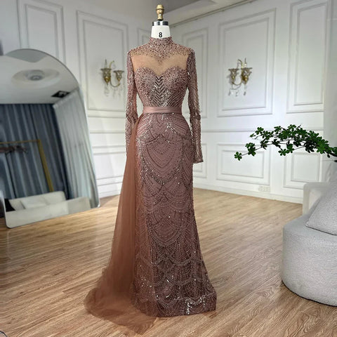 2025 Caramel Mermaid Beaded Arabic Evening Dresses Gowns with Side Overskirt for Formal Occasion LA71913A