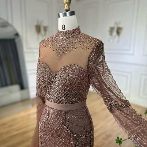 2025 Caramel Mermaid Beaded Arabic Evening Dresses Gowns with Side Overskirt for Formal Occasion LA71913A
