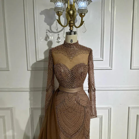2025 Caramel Mermaid Beaded Arabic Evening Dresses Gowns with Side Overskirt for Formal Occasion LA71913A