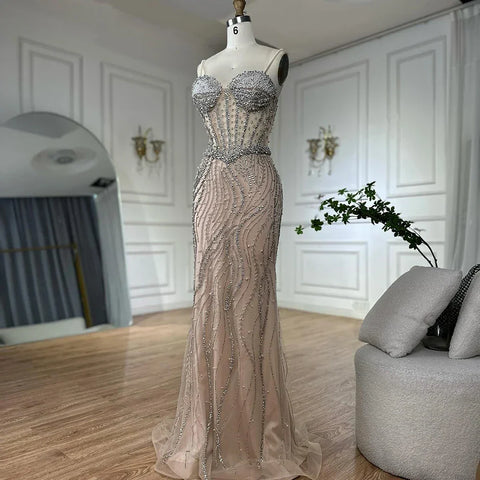 2025 Elegant Spaghetti Strap Pearl Beaded Mermaid Evening Gown for Formal Occasion LA72865