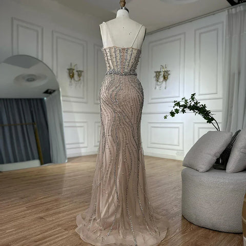2025 Elegant Spaghetti Strap Pearl Beaded Mermaid Evening Gown for Formal Occasion LA72865