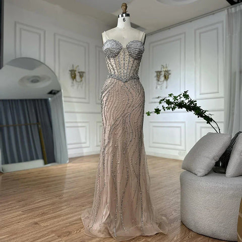 2025 Elegant Spaghetti Strap Pearl Beaded Mermaid Evening Gown for Formal Occasion LA72865