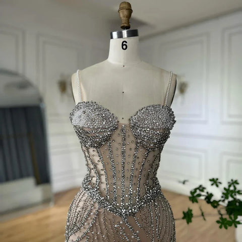 2025 Elegant Spaghetti Strap Pearl Beaded Mermaid Evening Gown for Formal Occasion LA72865