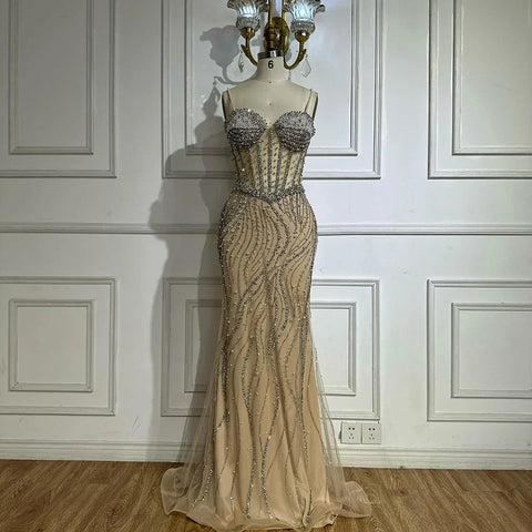 2025 Elegant Spaghetti Strap Pearl Beaded Mermaid Evening Gown for Formal Occasion LA72865