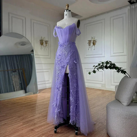 2025 Lilac Off Shoulder Corset Beaded High Slit Tulle Saudi Evening Gown for Formal Occasion LA72874